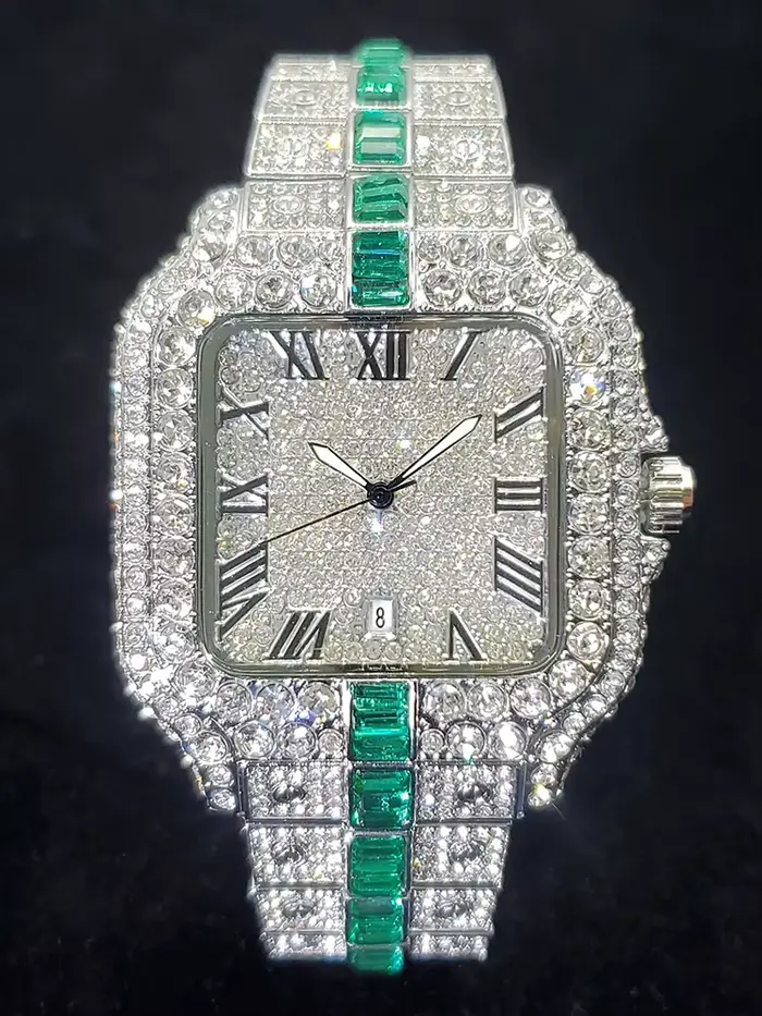 Montre à Quartz pour hommes luxueux montres en diamant vert pour homme glacé Hip Hop brillant calend