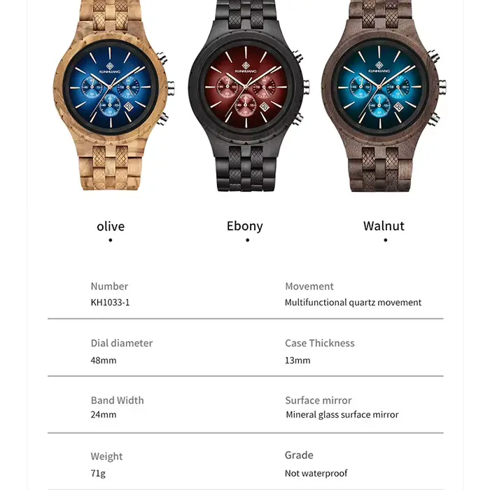 KUNHUANG montre en bois faite à la main cadran multifonction
