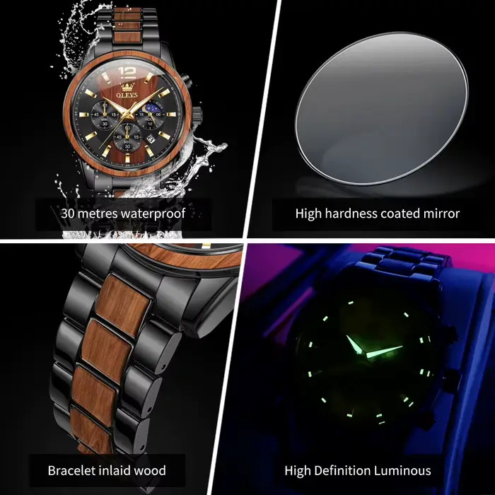 Montre en bois multifonctionnelle OLEVS avec chronographe, calendrier complet et indication de la phase de la lune pour homme style fashion et casual occasions spéciales