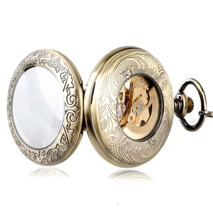 Antique Brozne Transparent engrenage squelette mécanique automatique auto-vent montre De poche rétro pendentif Fob montres Relogio De Bolso