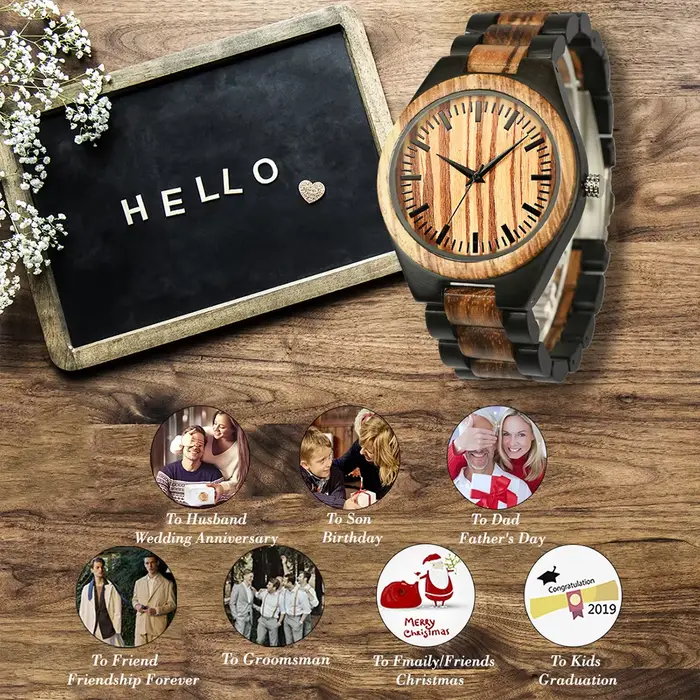 Montre-bracelet personnalisée homme bois naturel quartz style casual design unique cadeau homme occassions spéciales