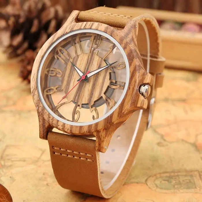 Montre à Quartz en Bois Transparent avec Bracelet en Cuir pour Homme Occasions Spéciales Style Retro Élégant à Offrir