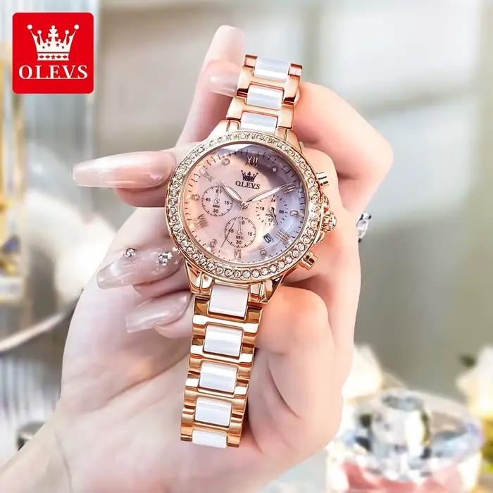 OLEVS 9999 femmes montre marque originale élégante étanche chronographe de luxe en céramique robe rose