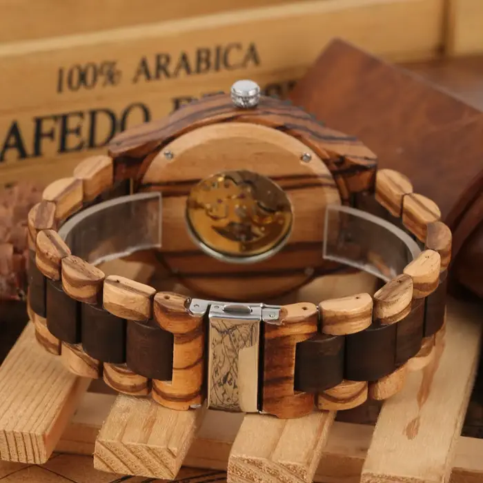 Montre ronde automatique en bois avec bracelet réglable pour homme occasions spéciales élégante à offrir