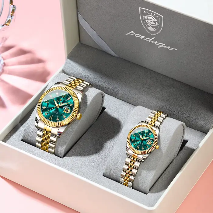 POEDAGAR Montres de luxe pour couple Date luminescente Classique