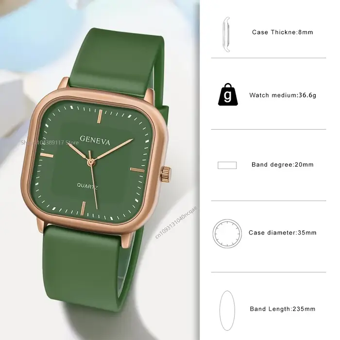 Montre Carrée Minimaliste Unisexe pour Hommes et Femmes 2026 Nouvelle Collection Bracelet en Silicone Vert Avocat Tendance Décontractée Polyvalente Montre-Bracelet à Quartz