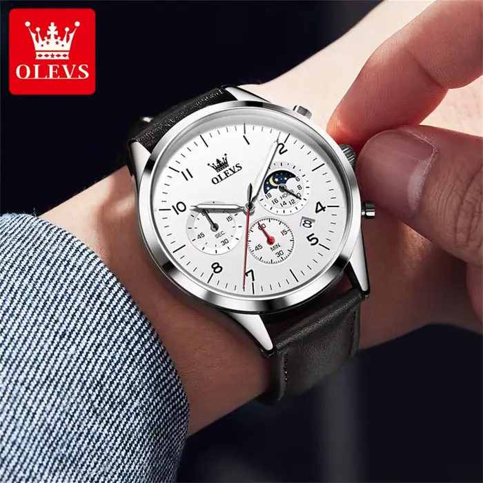 Montre OLEVS Phase de Lune Quartz Hommes Cuir Étanche Calendrier Lumineux Occasions Spéciales