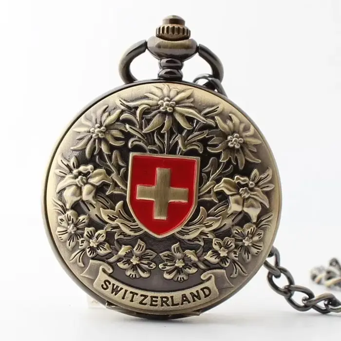 Classique suisse croix rouge creux mécanique montre de poche main vent Fob montres de haute qualité 