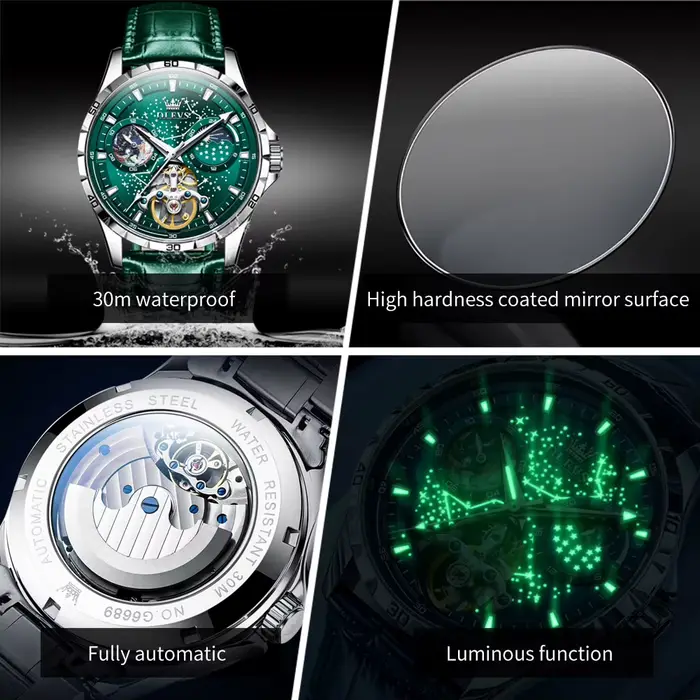 Montre Mécanique OLEVS avec Cadran Vert et Phase de Lune Élégante Bracelet en Cuir pour Hommes Occasions Spéciales Étanche Ciel Étoilé Tourbillon