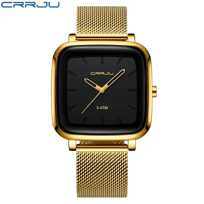CRRJU hommes montres haut de gamme de luxe carré doré Quartz décontracté mince maille acier étanche montre Relogio Masculino