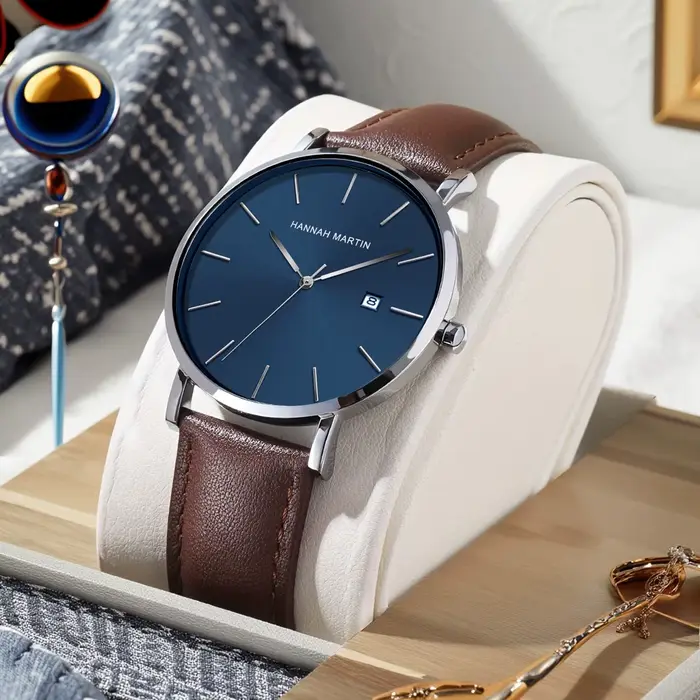 Montre homme à quartz 40mm VA VA VOOM résistante à l'eau avec bracelet en cuir pour occasions sportives et professionnelles