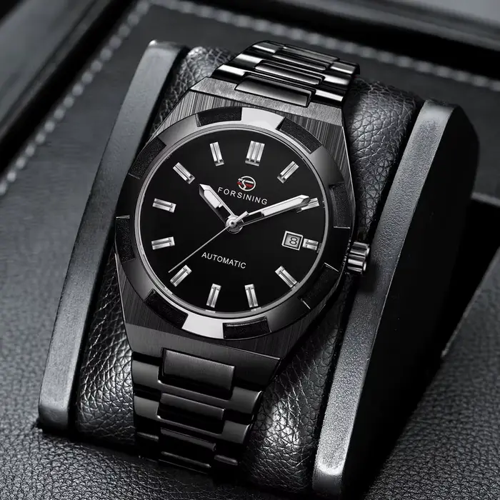 Nouveau noir hommes d'affaires Style classique décontracté automatique auto-vent montre mécanique bracelet en acier inoxydable grand cadran analogique calendrier