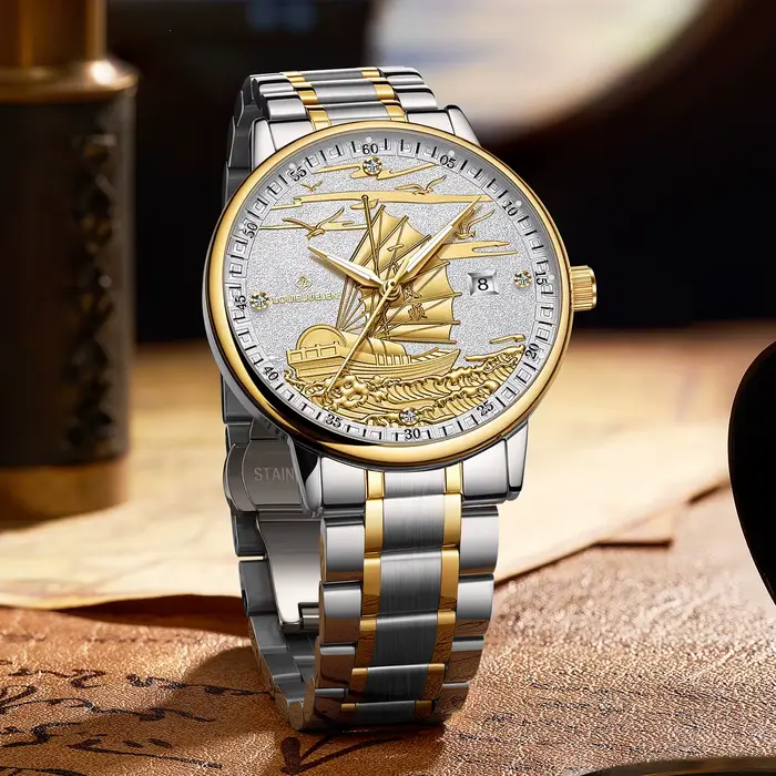 Montre Homme Luxe Affaires Or Design Voilier Date Lumineuse Étanche Bracelet Acier Quartz Montres