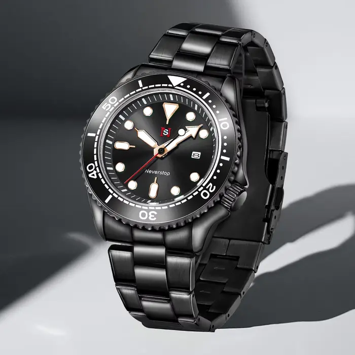 Montre de sport pour hommes NS | Cadran et marqueurs multicolores à haut contraste, lunette en céramique, bande en acier inoxydable, Style polyvalent