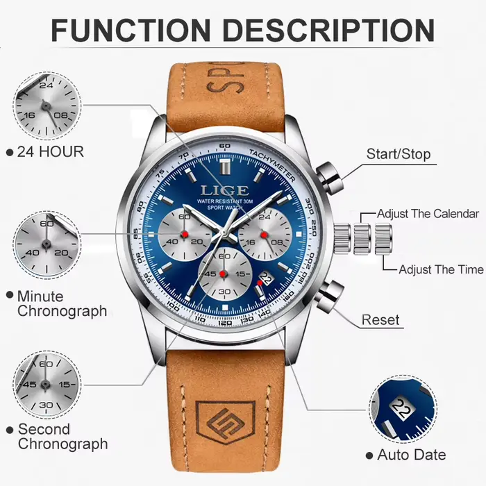 Nouvelle Montre Homme 2026 LIGE Montre en Cuir Luxe pour Homme Mode Sport Chronographe Quartz Étanche Occasions Spéciales