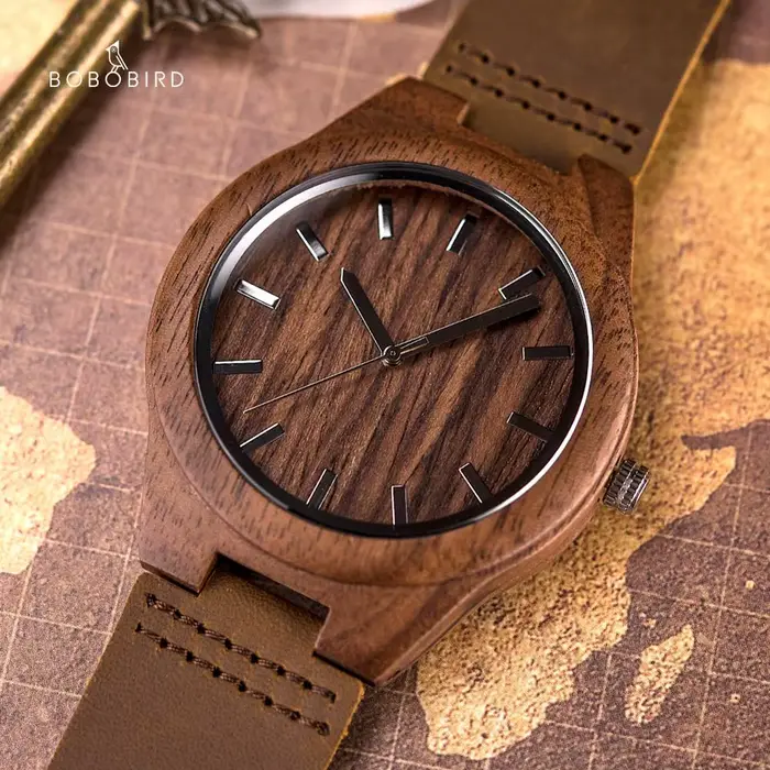BOBO BIRD Montre en bois pour homme faite à la main, légère et minimaliste, en bois de noyer avec cu