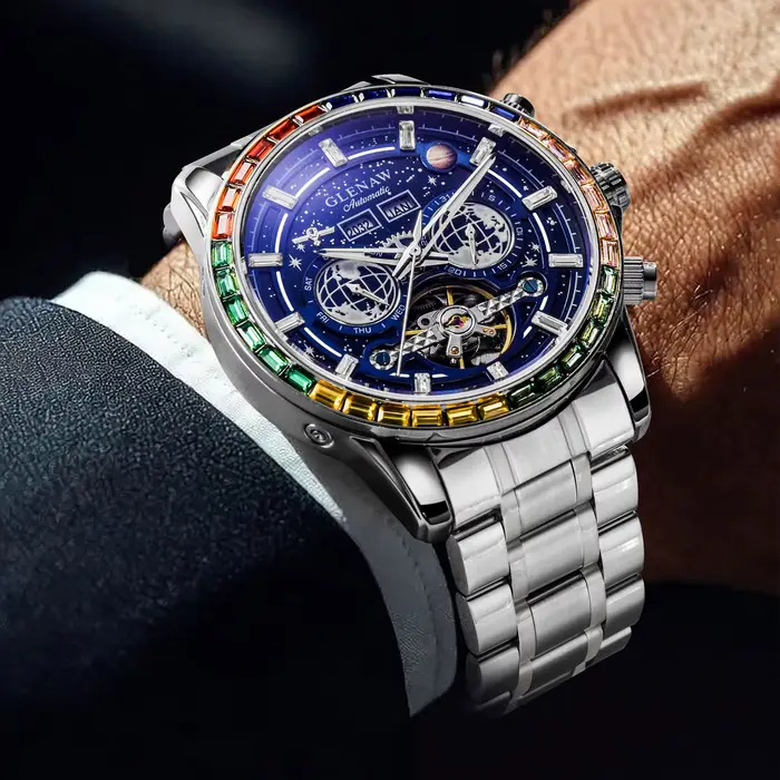 Montre mécanique de luxe GLENAW Design New Rainbow Circle pour homme