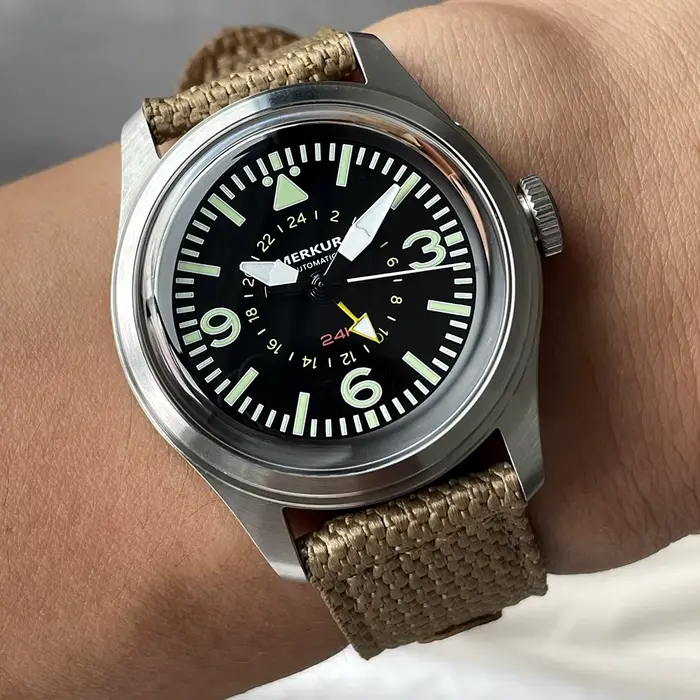 Montre Merkur rétro peau plongeur automatique 24h style militaire homme ocassions spéciales