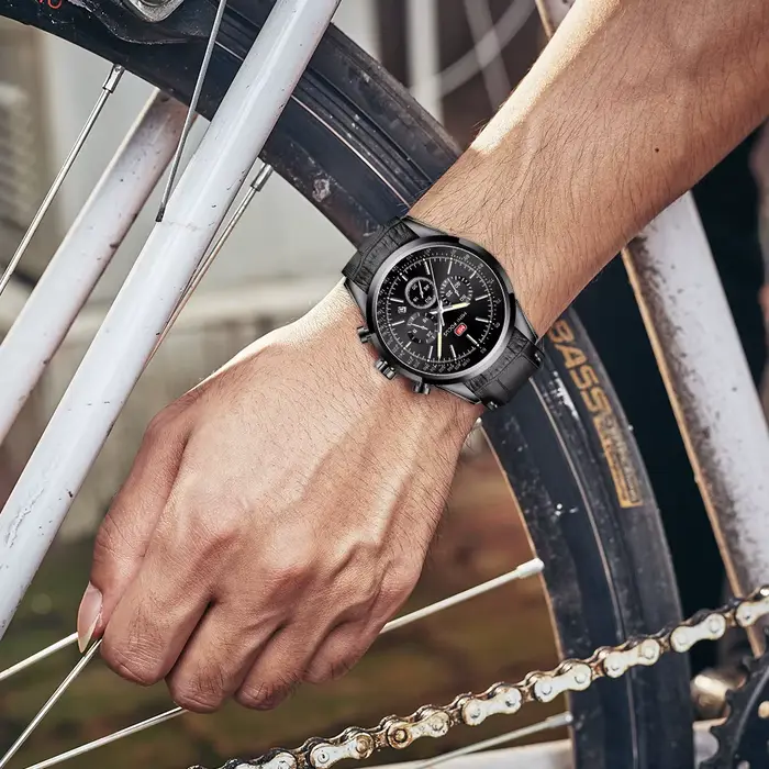 Montres MINI FOCUS pour hommes bracelet en cuir véritable avec chronographe et affichage de la date montre-bracelet sport étanche cadeau pour homme occassions spéciales
