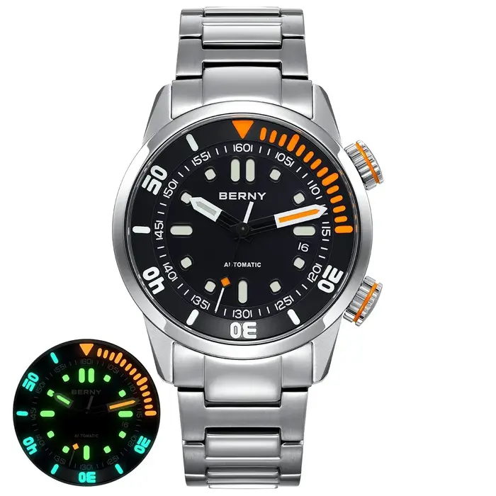 Montre de plongée BERNY avec mouvement automatique Miyota 8215 résistante à l'eau 200m pour hommes aventuriers et amoureux de la mer occasions spéciales et plongée sportive