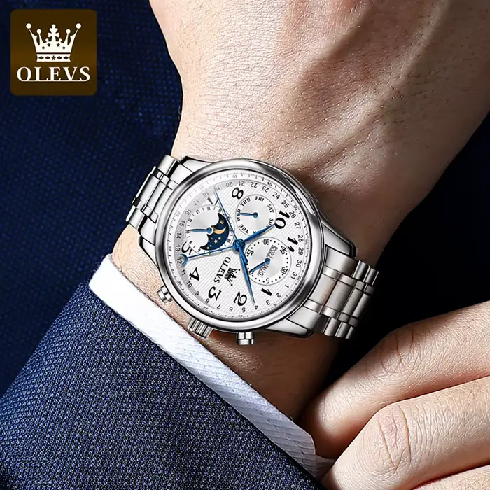 Montre OLEVS 6667 haute technologie pour hommes avec affichage de la phase de lune et de la semaine mode et casual occasions spéciales