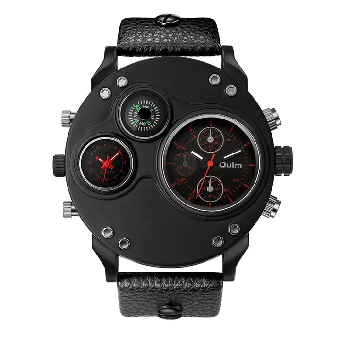 Oulm nouvelle mode Sport décontracté hommes montres en cuir noir double fuseau horaire montre-bracel