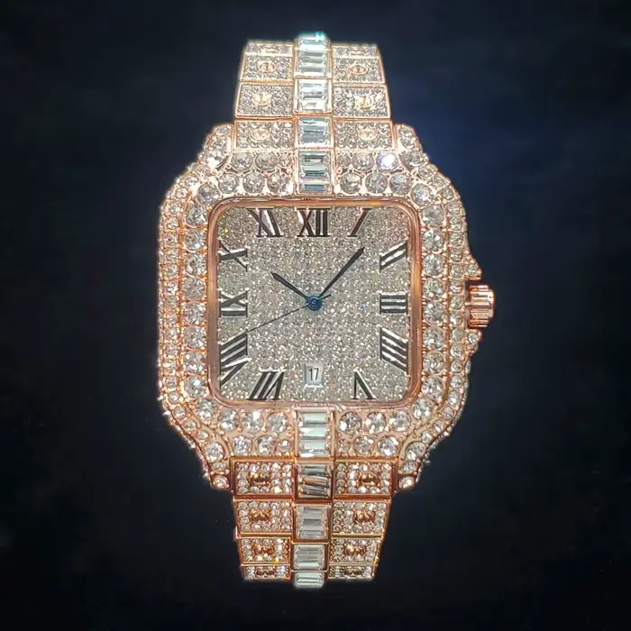 Montre Luxe en Or Rose Iced Out Quartz pour Homme Occasions Spéciales Mode Hip Hop Élégante à Offrir