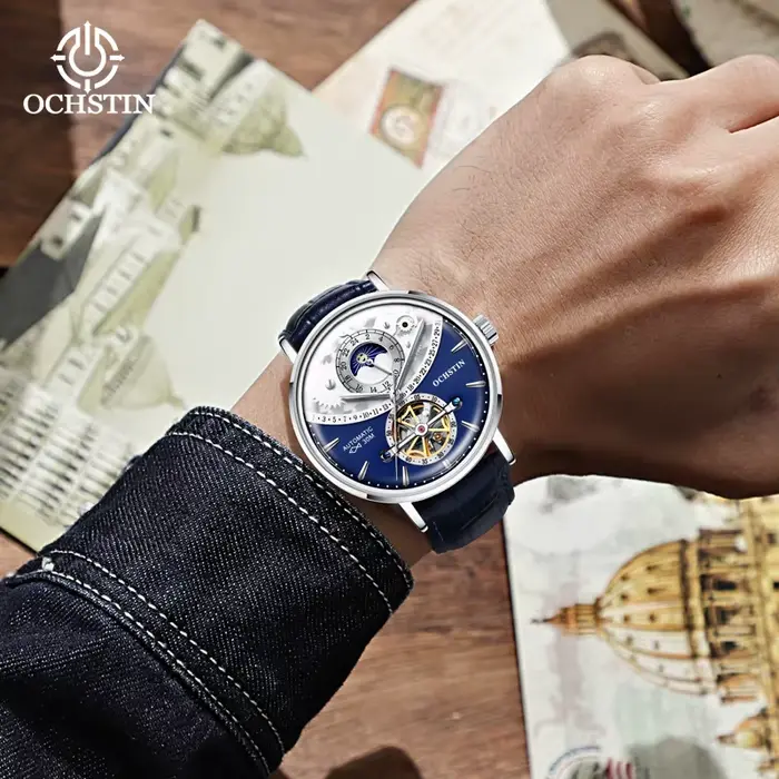 Ochstin modèle chaud soleil et lune montre entièrement automatique volant d'inertie mouvement mécanique