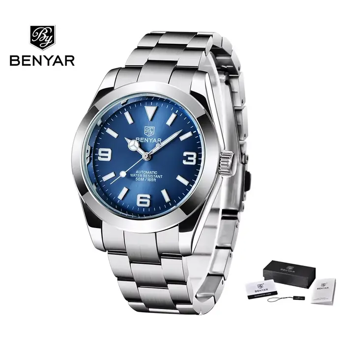 BENYAR-Montre mécanique automatique pour homme, classique, acier inoxydable bleu, étanche 50m, montr