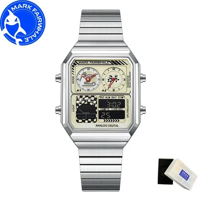 MARK FAIRWHALE montres pour homme 4460 en acier inoxydable tendance cadran carré multifonctionnel réveil lumineux étanche hommes montre