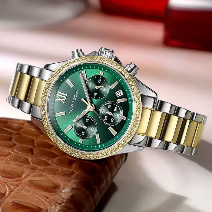 Montre multifonctionnelle MINI FOCUS en acier inoxydable pour femmes avec date automatique, chronographe et calendrier complet pour les occasions quotidiennes et spéciales