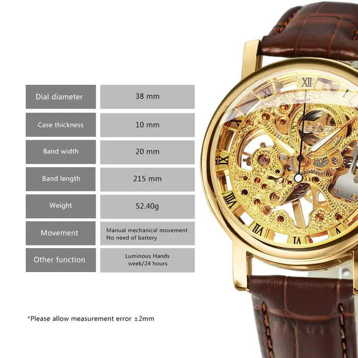 Montre homme Gagnant Seton avec boîtier doré transparent, bracelet en cuir, horloge mécanique de luxe, cadeau pour hommes occasions spéciales Saint Valentin Noël Carnaval