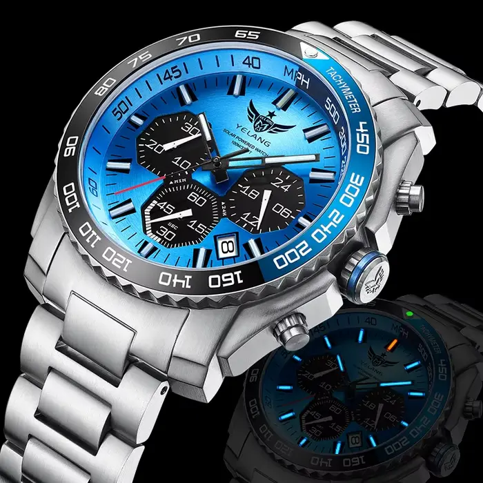 YELANG hommes montre militaire 44mm plongeur Eco-Drive montre-bracelet 100M étanche Tubes lumineux s
