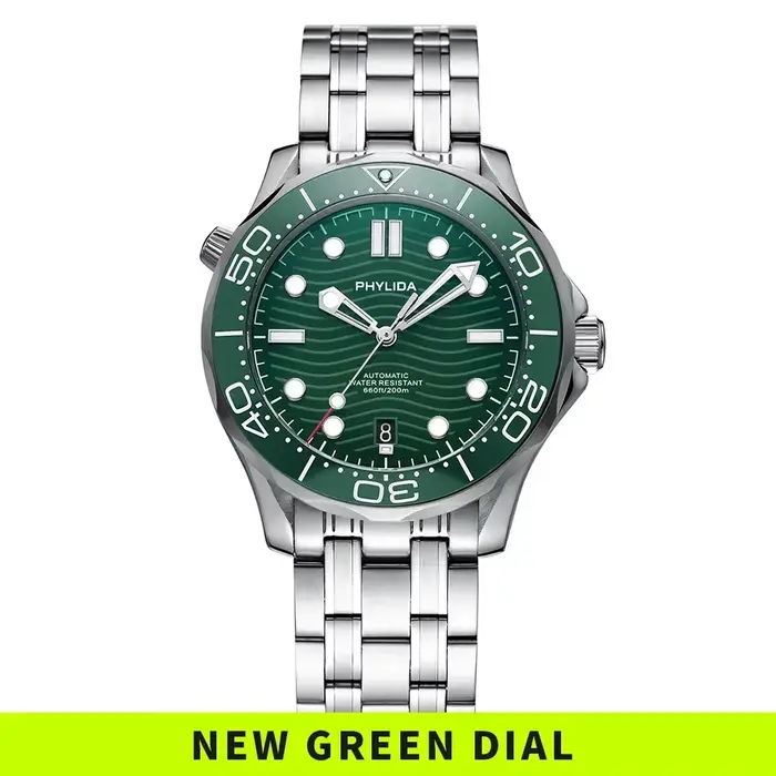 Montre PHYLIDA Acier Inoxydable 316L Cadran Vert Résistance 200m Occasions Spéciales Plongée Détente