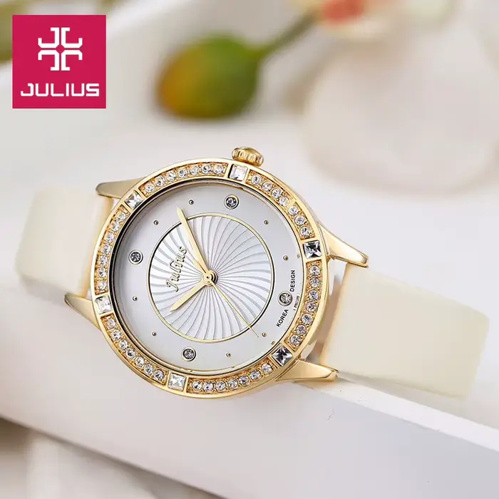 Strass Julius dame montre pour femme japon Quartz mode heures Bracelet en cuir véritable fille boîte-cadeau