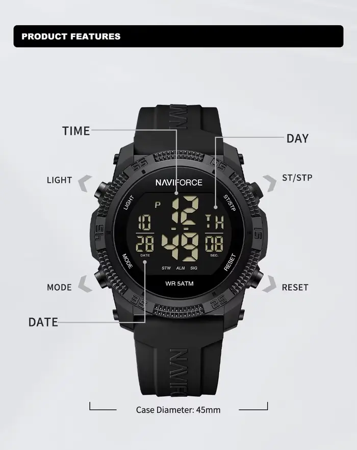 NAVIFORCE NF7104 Montre électronique numérique LCD décontractée avec alarme de date et de semaine po
