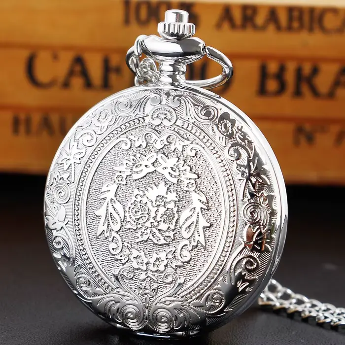 Montre de poche de luxe en argent à quartz, collier pendentif, chaîne, bijou, cadeau, horloge steamp