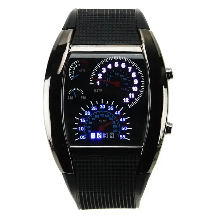 Montre d'aviation étanche noire unisexe cadran luminescent LED bracelet en caoutchouc pour activités sportives et nautiques