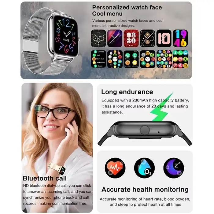 2025 montre intelligente femmes 2.01 "écran tactile complet traqueur de fréquence cardiaque Bluetooth appel étanche