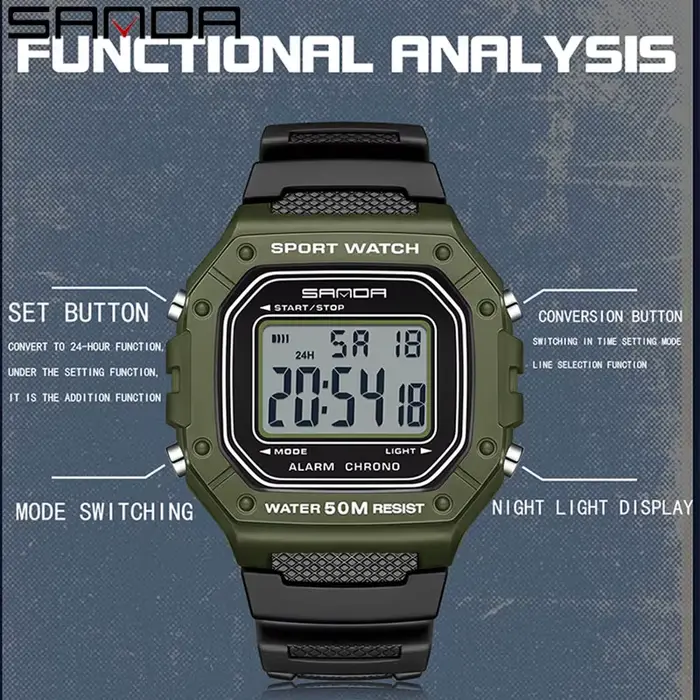 Montre numérique SANDA G Style résistante aux chocs et à l'eau pour hommes avec alarme et affichage LED pour entraînements et occasions spéciales
