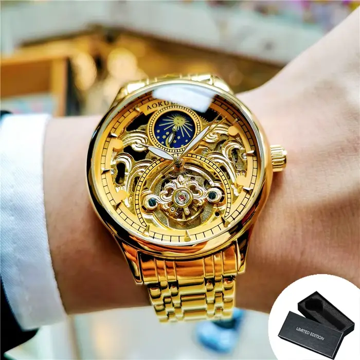 Montre automatique Vintage en or pour hommes, Phase de lune, Tourbillon squelette, aiguilles lumineu