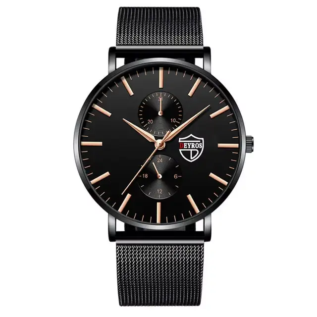 Montre-bracelet à quartz ultra fine en acier inoxydable noir pour hommes, montre-bracelet d'affaires