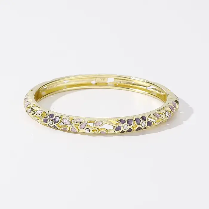 Bracelet jonc classique en émail goutte de glace à texture florale et diamants pour femme, en cuivre