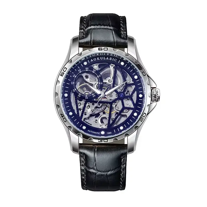 Montre mécanique automatique homme boîtier alliage lumineux bracelet cuir véritable cadran squelette résistance à l'eau occassions spéciales