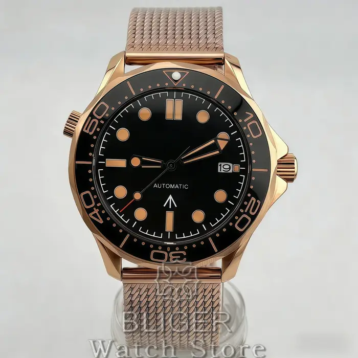 Montre de plongée mécanique BLIGER Vintage Bronze Or Rose 41mm pour homme NH35 PT5000 007 NTTD 100m avec lunette rouge bordeaux et bracelet en maille