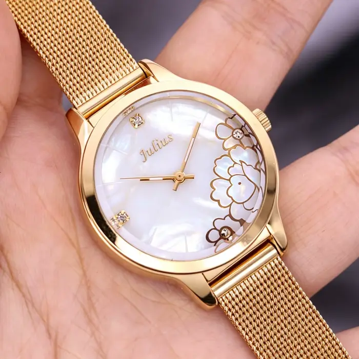 Montre pour femme Julius en nacre avec motif de fleurs roses et bracelet en cuir véritable
