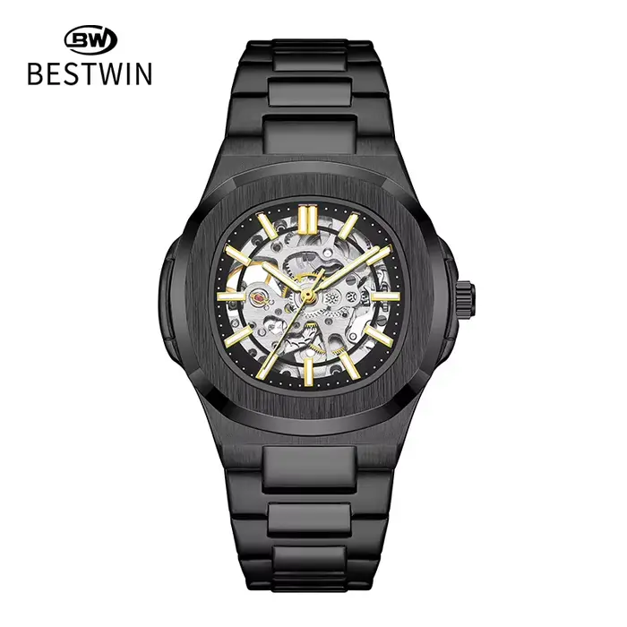 Montre pour homme entièrement automatique, mécanique, double face creuse, lumineuse, étanche, en aci