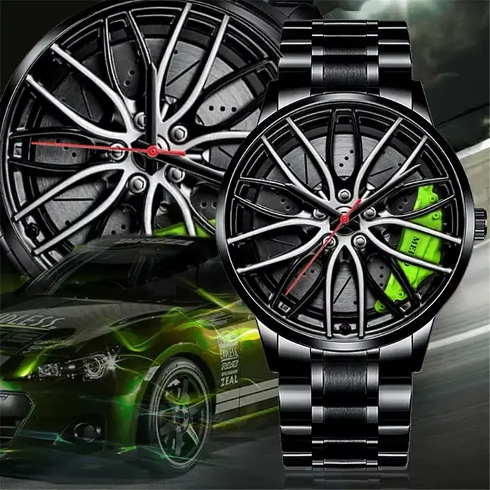 Mode hommes montres de sport 3d roue de voiture bracelet en acier inoxydable montre-bracelet