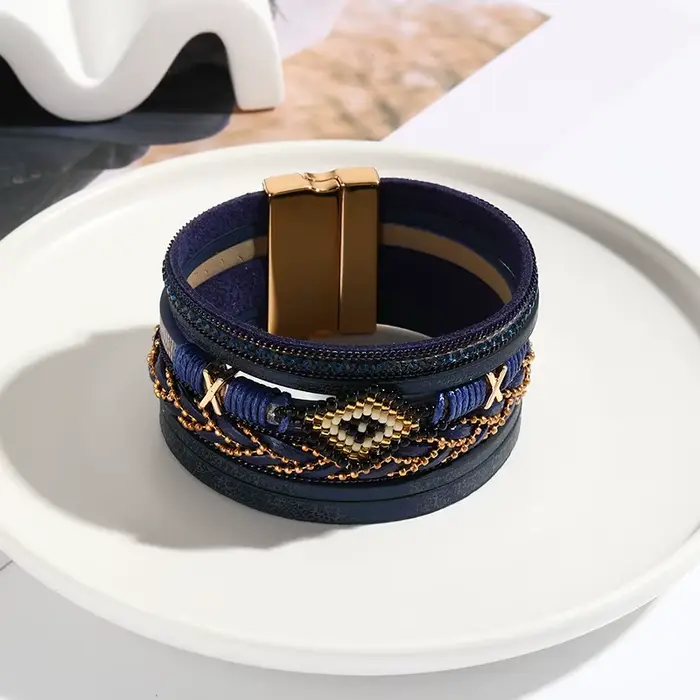 Bracelet en cuir multicouche tissé à la main pour femmes