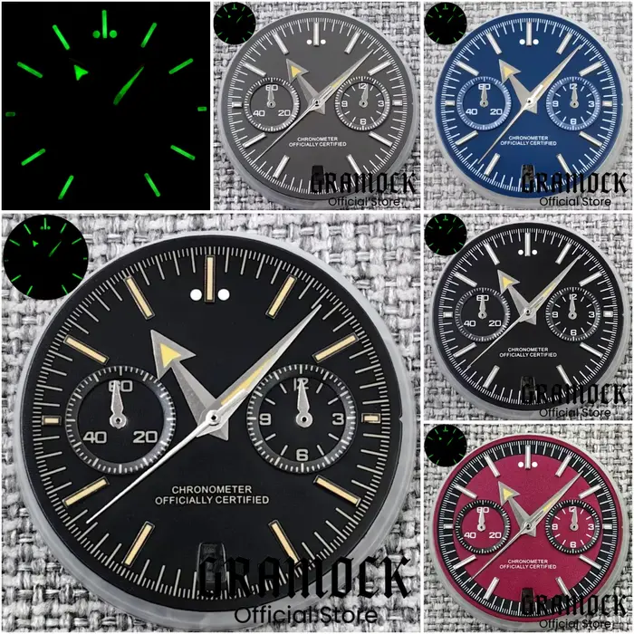 GRAMOCK 31.5mm VK64 Quartz noir/Neay/gris cadran de montre avec Silber Beige 5 broches aiguilles